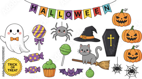 Halloween Themed Set with Ghost, Pumpkins, Spider, Witch Hat, Lollipops, Trick or Treat, and Cute Halloween Characters