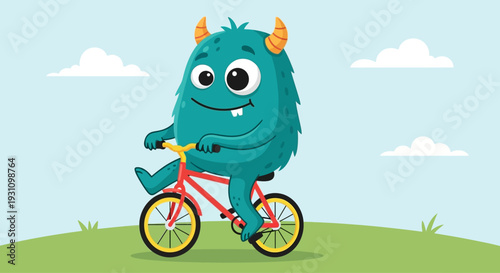 Cute cartoon monster riding a bicycle on a grassy hill with blue sky