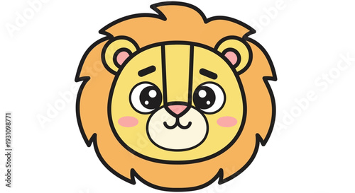 Cute cartoon lion face with a big mane, big eyes, and a friendly smile, isolated on white background.