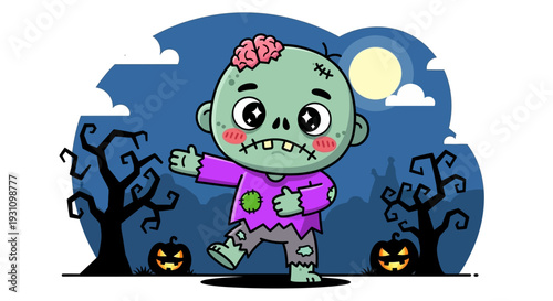 Cute cartoon zombie walking in a spooky forest at night with pumpkins and moon
