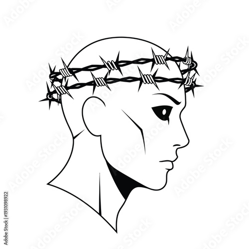 Head with Barbed Wire Crown Vector Illustration: Conceptual Symbol of Pain, Sacrifice, Mental Burden, and Psychological Struggle