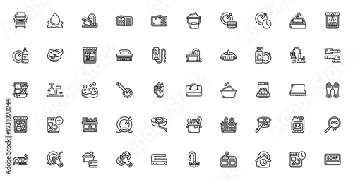Washing icon set. Kitchen cleaning vector icons. Includes sink, soap, sponge, brush, dishwasher, plates, bowls, tap and more. Editable stroke.