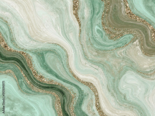 Soft waves of green, beige, and golden tones blend seamlessly, creating a captivating abstract art piece that evokes tranquility and creativity. Perfect for any decor Generative AI