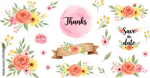 Beautiful Floral Arrangement with Pink Roses, Yellow Flowers, and Elegant Calligraphy for "Thanks" and "Save the Date" Cards