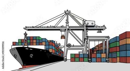 Large cargo ship and container cranes.