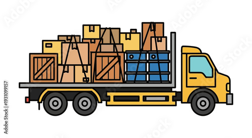 Yellow truck with wooden crates cargo.