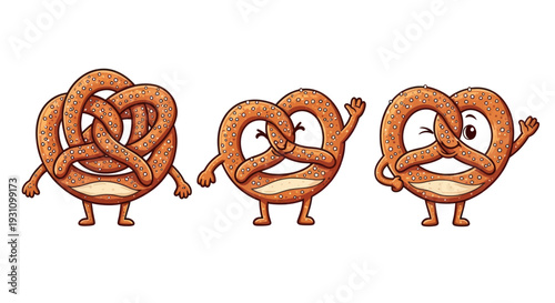 Cute Cartoon Pretzels with Faces and Arms Waving and Winking