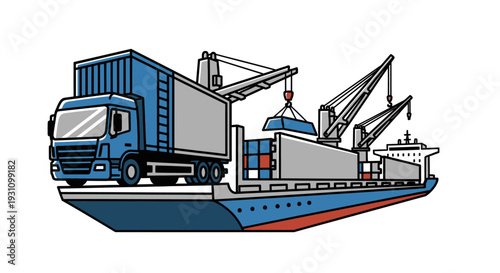 Large blue truck on cargo ship.