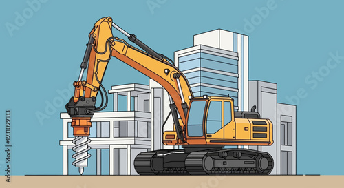Yellow excavator with long arm.