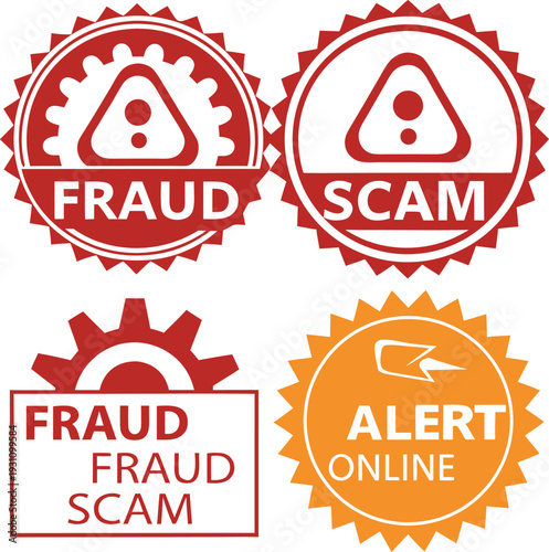 Fraud and scam warning badges vector illustration with circular jagged labels, alert icons and online caution designs