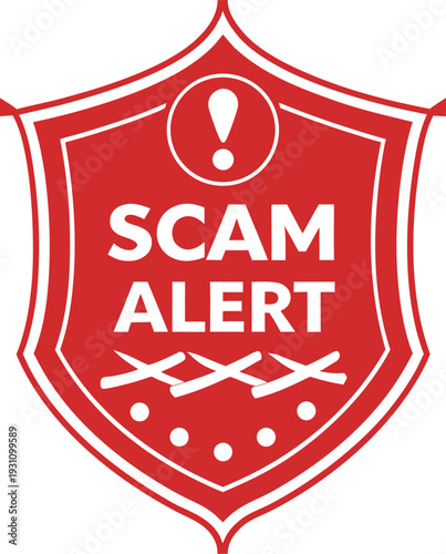 Scam alert warning graphic vector illustration with red shield, exclamation mark and bold white text for fraud awareness