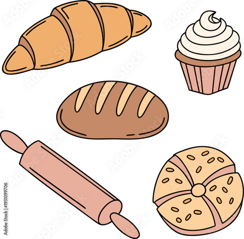 Baking items vector illustration with croissant, bread loaf, cupcake, round roll and rolling pin in soft cartoon style