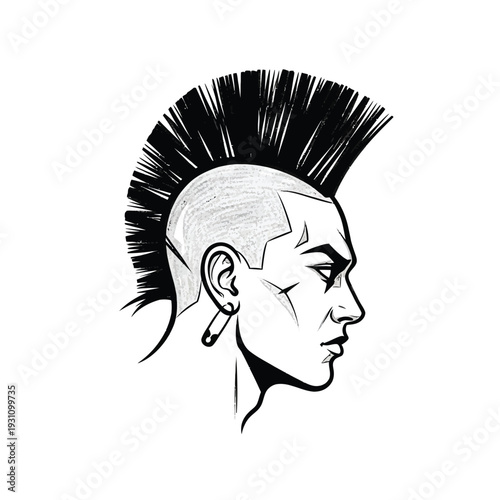 Edgy Punk Mohawk Profile Illustration with Safety Pin Earring – Stylized Black and White Youth Culture Art