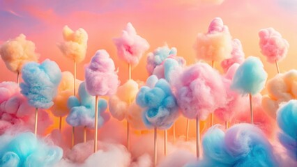 Papier peint photo Corail A whimsical landscape of pastel-colored cotton candy clouds on wooden sticks, arranged in a dense forest-like setting against a soft sunset backdrop.  © Urenus Photos