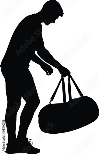 Man silhouette holds a duffel bag, representing travel, fitness, or a quick getaway with personal belongings.
