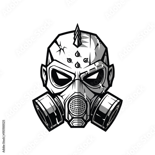 Cyberpunk Gas Mask Head Mascot with Spiked Mohawk. Aggressive Dystopian Character Illustration for Gaming, Apparel, and Urban Design.
