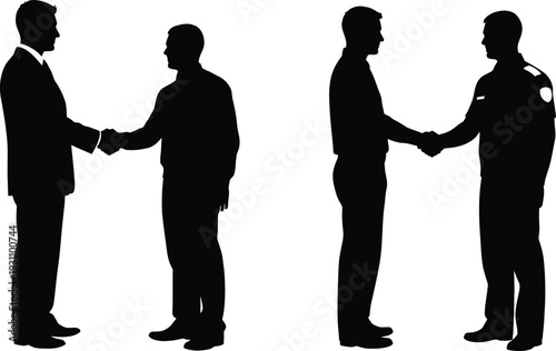 Businessmen silhouettes shake hands in two distinct scenes, symbolizing professional agreement and successful partnership.