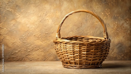 A Rustic Wicker Basket Sits Empty Against a Textured Background, Ready for Gathering or Display