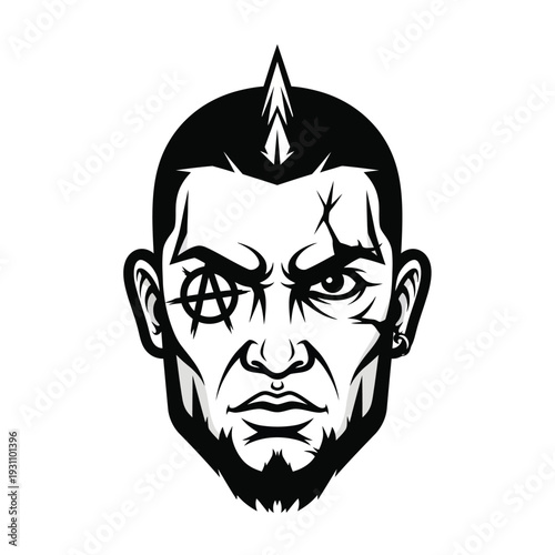 Edgy Punk Rocker Man Headshot Vector with Mohawk, Anarchy Symbol Tattoo, Scars, and Piercings
