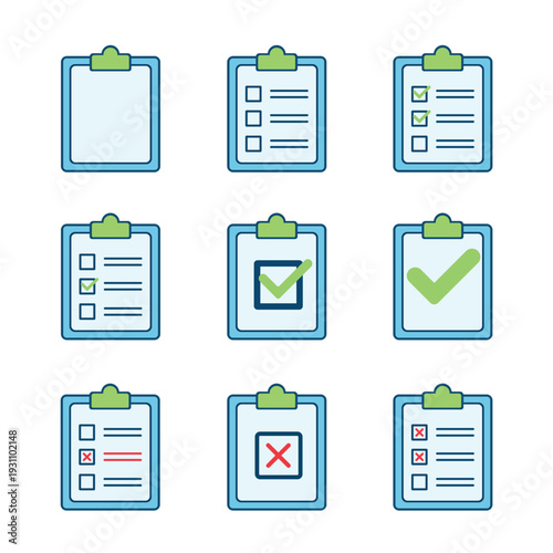 Checklist Clipboard Icons Collection, To Do List, Checkmark, Approved and Rejected Vector Set