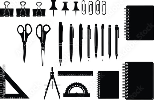 Assortment of black and white office supplies including scissors, pens, rulers, and notebooks displays essential stationery tools for.