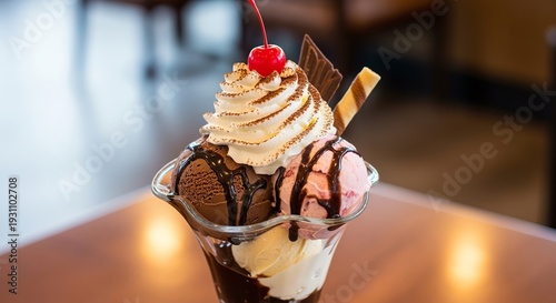 Delicious ice cream sundae in a tall glass topped with whipped cream, chocolate syrup, wafer stick, and a bright red maraschino cherry garnish.