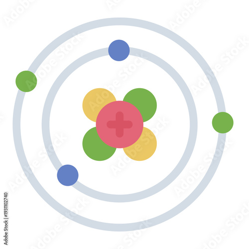 atom flat icon. nucleus electron model. fundamental particle. physics study