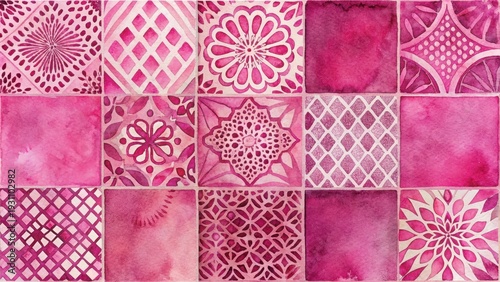 A Collection of Exquisite Watercolor Tiles in Vibrant Pink Hues Featuring Intricate Geometric and Floral Designs, Ideal for Interior Design and Decorative Projects