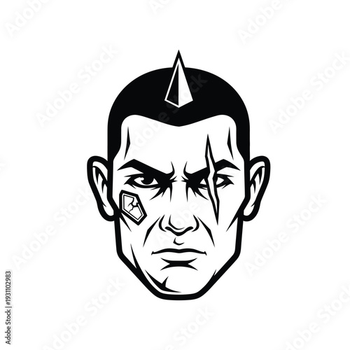Determined Cybernetic Man Face Logo Vector - Futuristic Warrior Head with Scar, Implant & Mohawk Spike