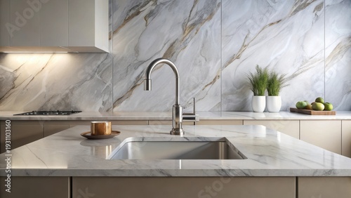 Sleek Modern Kitchen Design Featuring a Contemporary Sink and Marble Countertops