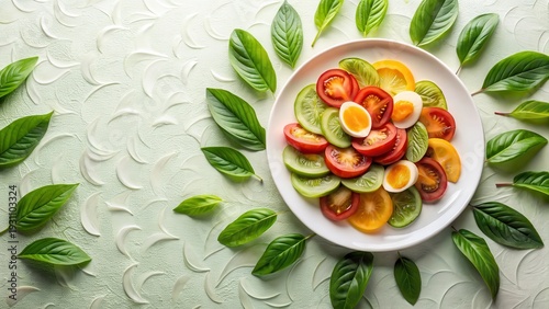 Vibrant Tomato and Egg Salad Arrangement with Fresh Green Leaves on a Light Green Textured Surface