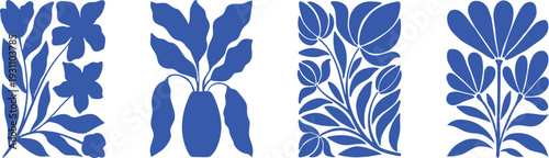 Blue botanical wall art panels with modern floral silhouettes. Scandinavian inspired plant illustrations in bold minimalist style. Perfect vector set for home  prints, posters, branding, 