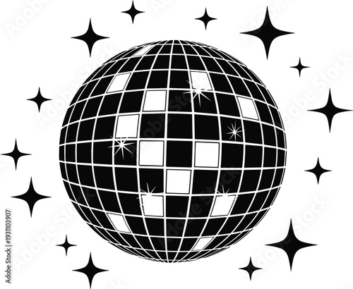 Black silhouette illustration of a sparkling disco ball with twinkling stars for party celebration and nightlife event design