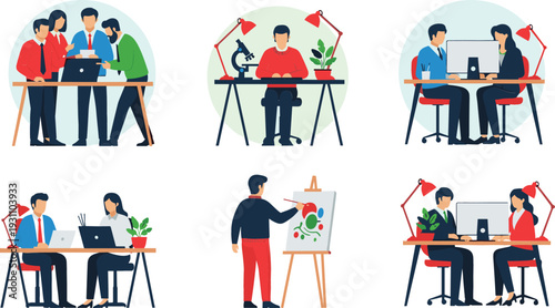 Flat vector illustration set of professionals working in various office environments including creative studio and scientific laboratory setups