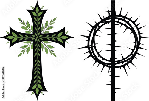 Decorative Christian cross with green leaves and black silhouette crown of thorns for religious Easter faith concept