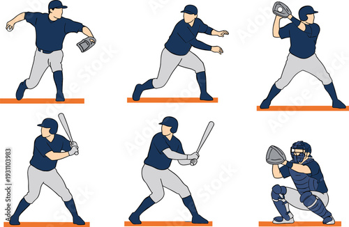 Flat vector illustration of baseball players in dynamic poses including pitcher batter and catcher on orange ground