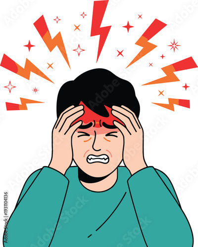 Flat vector illustration of a man clutching his head in pain with red lightning bolts for migraine conceptv