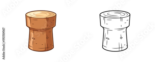 Champagne cork shown in colored cartoon and black outline styles using brown and white tones representing a bottle stopper for wine isolated on a plain white background