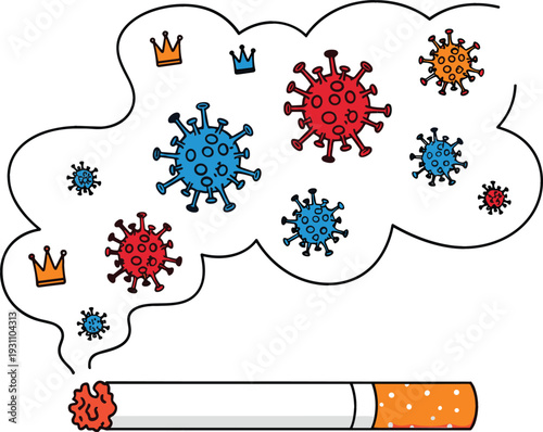 Flat vector illustration of a lit cigarette with smoke forming virus particles and crowns for health awareness