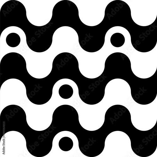 Seamless minimalist pattern with black and white wavy lines and circular accents