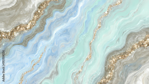 Swirls of mint and blue blend seamlessly with beige and golden accents, creating a captivating landscape that evokes tranquility and elegance. An artistic exploration of color flows Generative AI