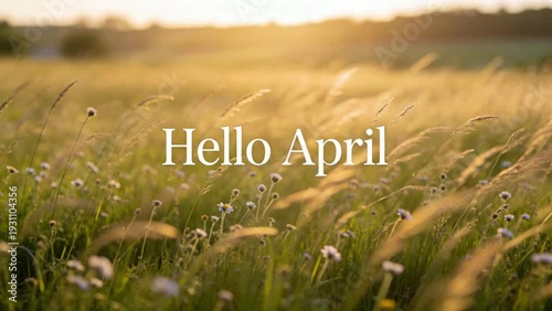 A serene spring morning scene in a lush meadow field with blooming flowers swaying gently in the breeze Hello April