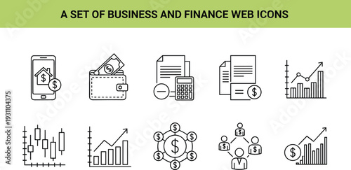 Professional black line vector icon set for business finance banking and investment including charts wallet and calculator