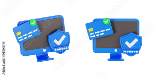 3D Illustration of Computer Monitor with Credit Card and Shield for Secure Online Payment