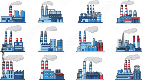 Detailed vector icon set of industrial factory buildings power plants and manufacturing facilities with smoke stacks and cooling towers