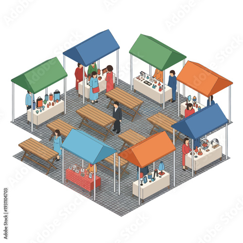 Market Stalls with Colored Roofs and Customers.