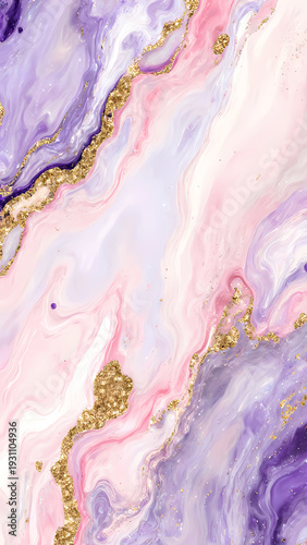 Swirling colors of pink, lilac, and purple mingle beautifully with golden accents in this captivating alcohol ink artwork, creating a dreamy, ethereal effect Generative AI
