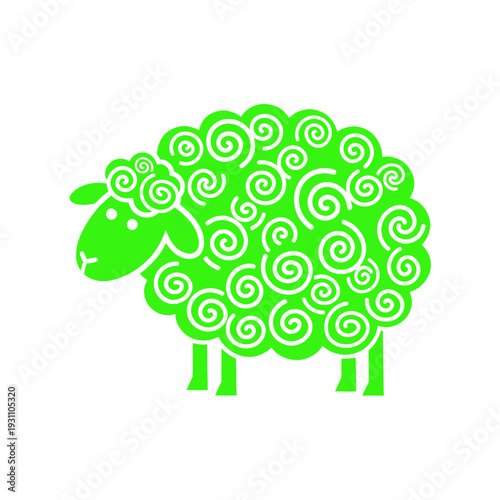 Green Sheep Silhouette with Swirly Wool Pattern Vector Illustration