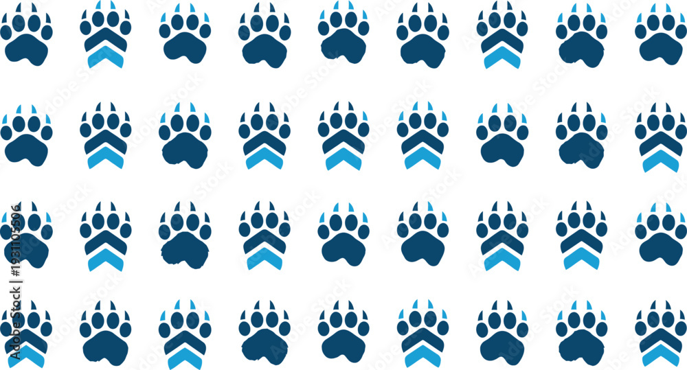 Fototapeta premium Paws Seamless pattern of blue animal paw prints vector tracks