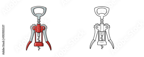Wing corkscrew shown in colored cartoon and black outline styles using red and grey colors representing a kitchen tool for opening wine isolated on a white background